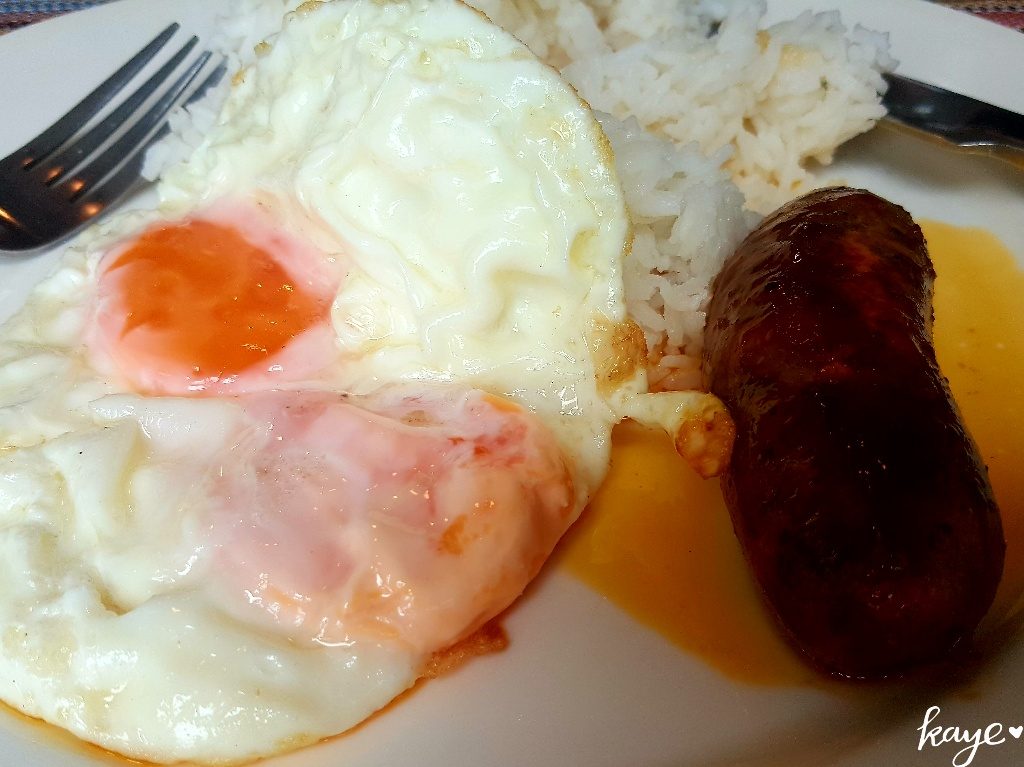 Filipino Breakfast of longanisa, egg, and fried rice